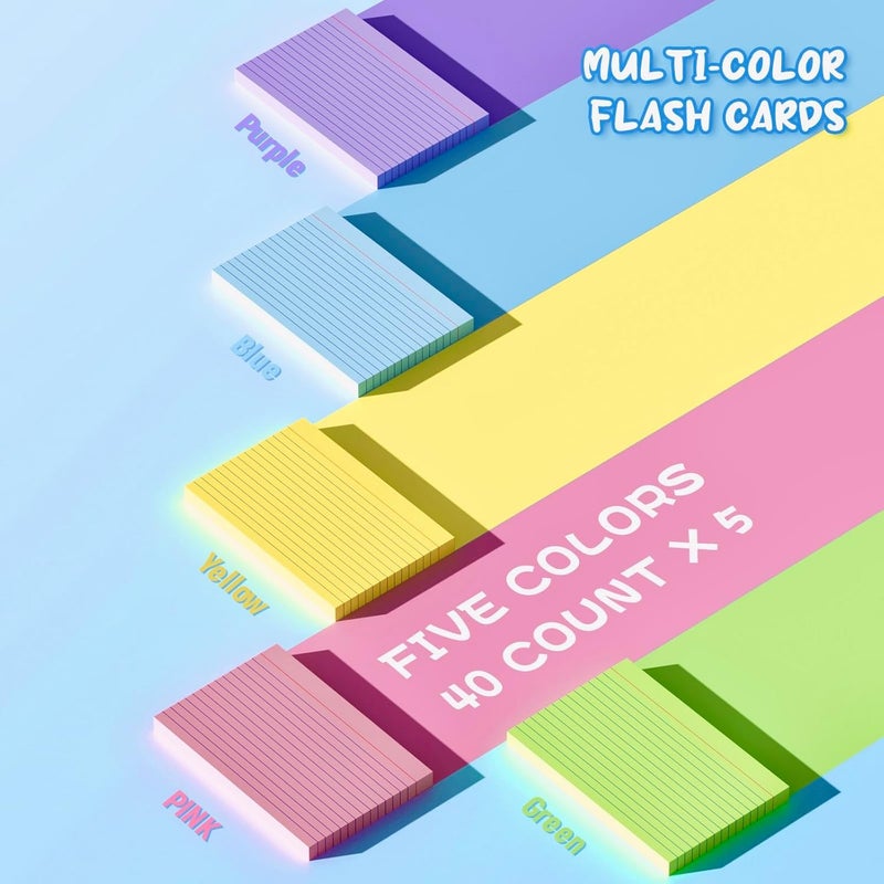 Aidunmis Colored Index Cards 4x6 Inch, 200 Count Note Cards 4x6, 5 Colors Flash Cards for Studying, 40 Sheets Per Color Lined Index Cards Ruled, Colored Notecards 4 x 6 for Office, School, and Home - Image 3